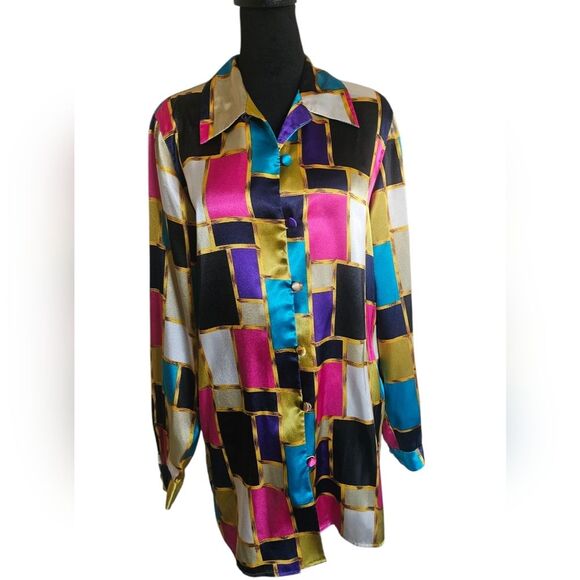 Vintage Christie & Jill Colorful Colorblock Satin Button-down Long Blouse Size M - Picture 2 of 6